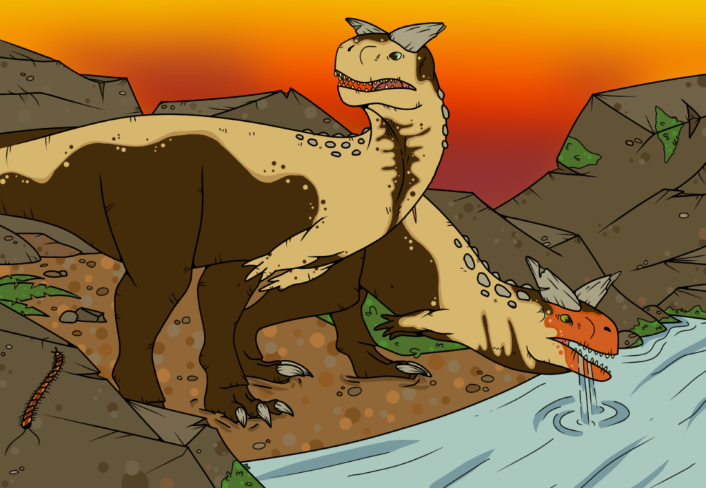 Illustrated scene of two horned Carnotaurus at a rocky stream under an orange sunset sky; one stands upright while the other lowers its head to drink.
