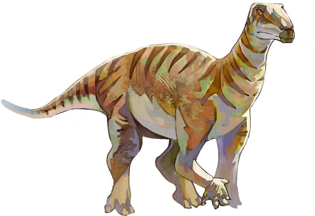 Painterly illustration of an Iguanodon walking on all fours, shown in side view with striped ochre, orange and lilac colouring on a white background.